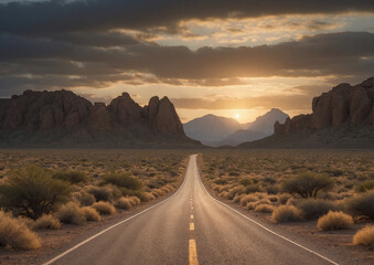 A lone straight road running through a rocky desert with low bushes, under a cloudy sky at sunset. - Powered by Adobe