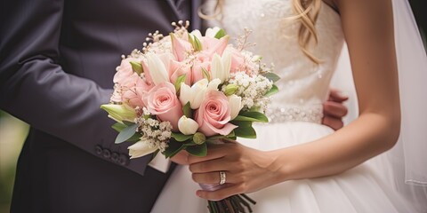 bride, holding a bouquet of fresh pink flowers, delicately intertwines hands with the groom. This intimate moment captures the beauty of wedding details