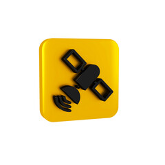 Black Satellite icon isolated on transparent background. Yellow square button.