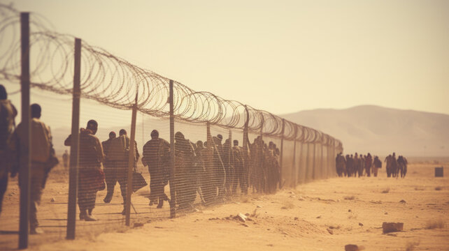People walk along a desert border fence. The concept highlights the struggle of refugees.