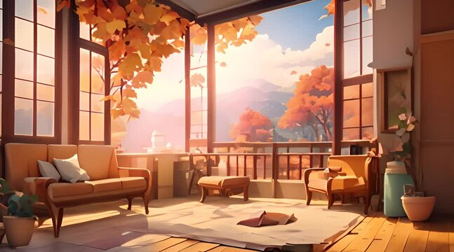 Cozy Japanese-Inspired Interior with Warm Orange Fall Lighting