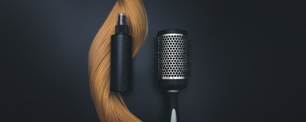 Blond long hair, Round brush for styling hair with Hair care spray. Healthy hair. Accessories for haircut with copy space. Split Ends Repair Treatment. Hair care spa concept.