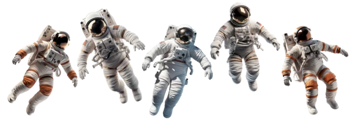 Foto op Plexiglas collection of various astronauts or spaceman floating isolated on white background. space man universe exploration set © stockphoto-graf