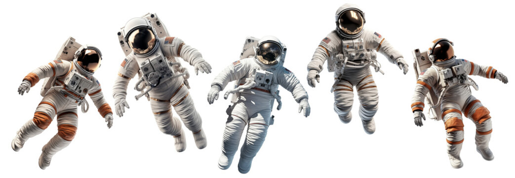 collection of various astronauts or spaceman floating isolated on white background. space man universe exploration set