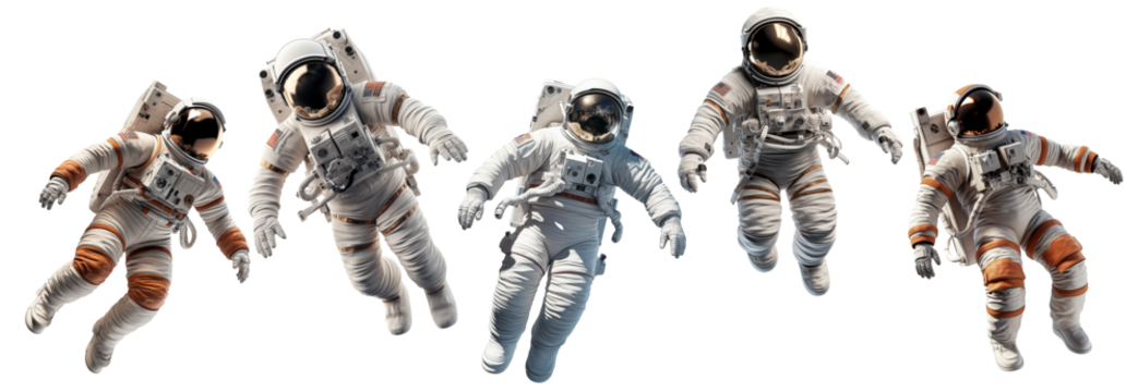 collection of various astronauts or spaceman floating isolated on white background. space man universe exploration set