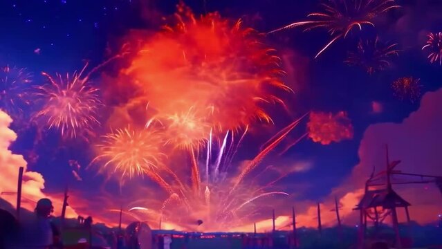 Shots and explosions of colorful fireworks in the background of the city. A short video of colorful New Year fireworks.