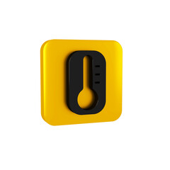 Black Meteorology thermometer measuring heat and cold icon isolated on transparent background. Thermometer equipment showing hot or cold weather. Yellow square button.