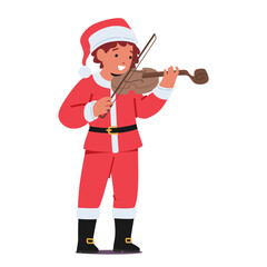 Joyful Kid In A Festive Christmas Santa Claus Costume Plays The Violin. Boy Character Spreading Holiday Cheer