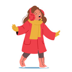 Cheerful Child Bundled In Winter Attire, Joyfully Sings Christmas Carols. Little Girl Character Spreading Holiday Spirit
