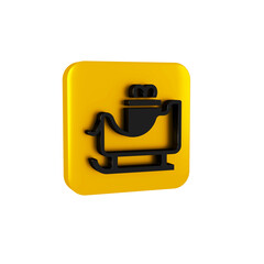 Black Christmas santa claus sleigh with sack bag icon isolated on transparent background. Merry Christmas and Happy New Year. Yellow square button.
