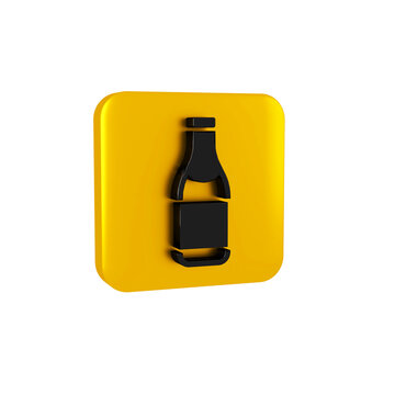 Black Champagne bottle icon isolated on transparent background. Merry Christmas and Happy New Year. Yellow square button.