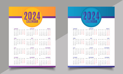 Calendar. One-page New Year calendar design. 2024 calendar design.