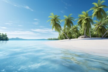 Tropical beach paradise during summer, with palm trees, white sands, and crystal-clear water