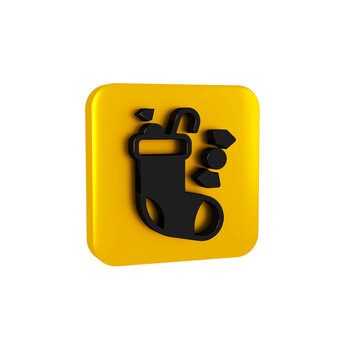 Black Christmas stocking icon isolated on transparent background. Merry Christmas and Happy New Year. Yellow square button.