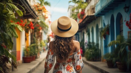 Boho stylish young woman in straw hat from behind walking on the colorful on old colorful streets of Cuba