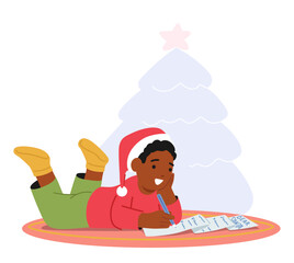 Boy Character Lying on Floor with Pen In Hand, Writes A Heartfelt Letter To Santa Claus, Filled With Wishes And Dreams - Powered by Adobe