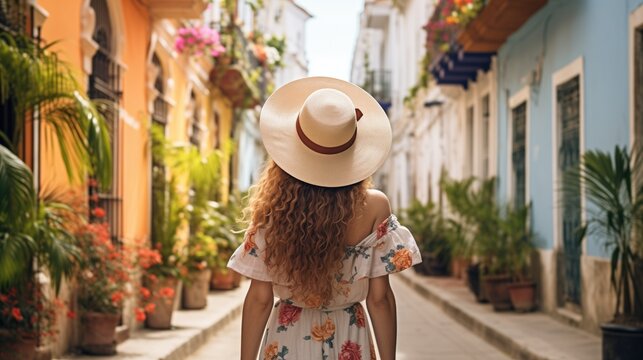 Boho stylish young woman in straw hat from behind walking on the colorful on old colorful streets of Cuba with palms around