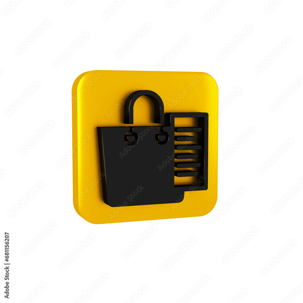 Poster black shopping list icon isolated on transparent background. yellow square button.