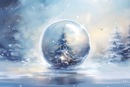 christmas tree in snow globe. painting