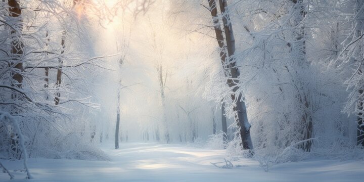 background image captures the essence of a snowy morning in the winter forest. Small snowdrifts, highlighted in the soft glow of a morning light, reveal the intricate details of nature's frosty touch