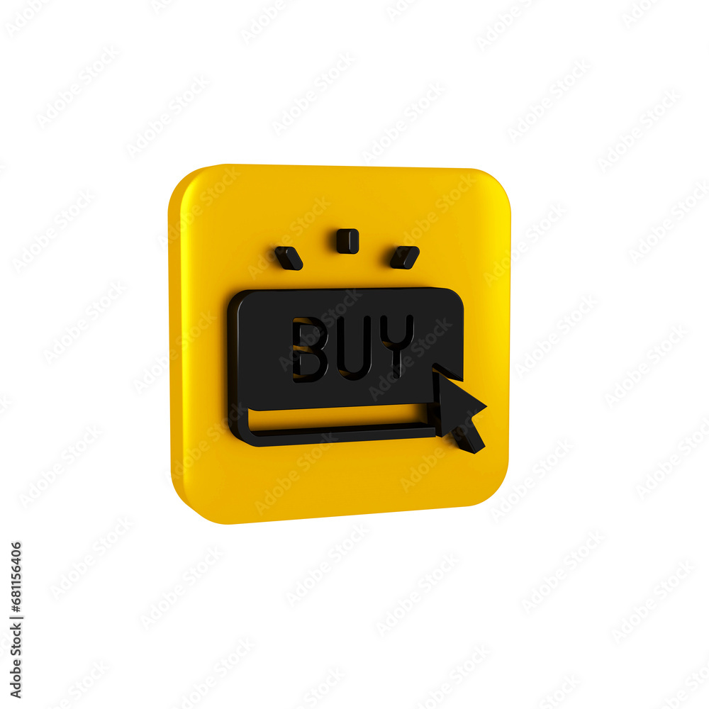 Poster black buy button icon isolated on transparent background. yellow square button.