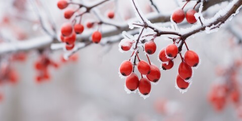 Fototapeta na wymiar Vintage tones accentuate the beauty of rowan berries covered in a delicate layer of frost. The scene captures the timeless charm of nature's adornment, where the berries become exquisite jewels gliste