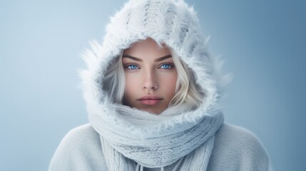Captivating portrait of a woman with piercing blue eyes, wrapped in a cozy white knitted scarf and hood against a soft blue background, embodying the essence of winter warmth.