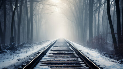 Fototapeta premium railroad tracks through a foggy winter snowy forest. ai generative