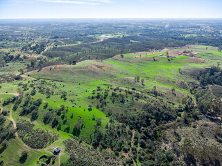 Obraz premium Aerial drone view of the pastures of the province of Huelva, with cork oaks and green meadows