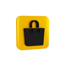 Black Paper shopping bag icon isolated on transparent background. Package sign. Yellow square button.