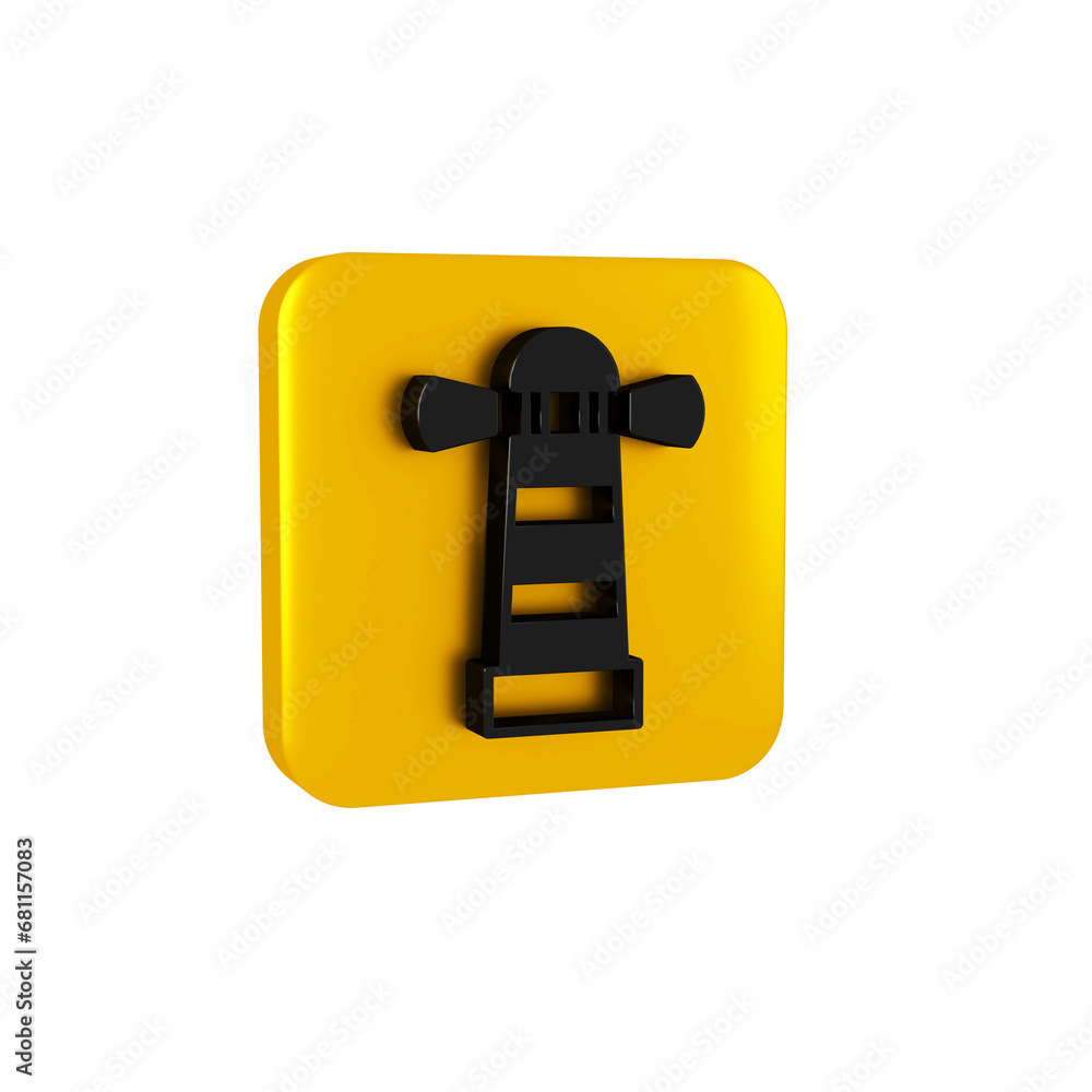 Poster black lighthouse icon isolated on transparent background. yellow square button.