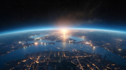 Panoramic view on planet Earth globe from space. Glowing city lights, light clouds, atmosphere layers International Space Station orbit, open dark space - obrazy, fototapety, plakaty