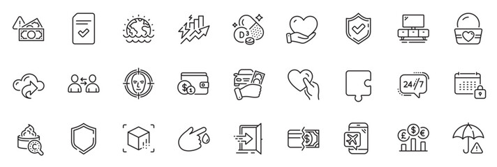 Icons pack as Payment methods, Disaster and Puzzle line icons for app include Volunteer, Face detect, 24h service outline thin icon web set. Flight mode, Buying accessory, Fraud pictogram. Vector