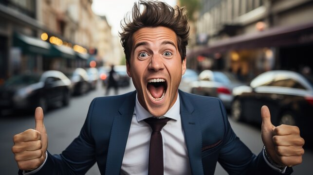 Exuberant businessman celebrating victory, with a wide-open mouth and clenched fists, conveying intense joy and success.