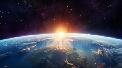 Panoramic view on planet Earth globe from space. Glowing city lights, light clouds, atmosphere...