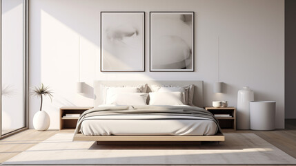 Fototapeta na wymiar a contemporary bedroom with a white bedframe and gray nightstands and a minimalist painting on the wall