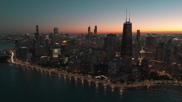 Chicago Downtown skyscraper in the sunset time. Aerial wide footage