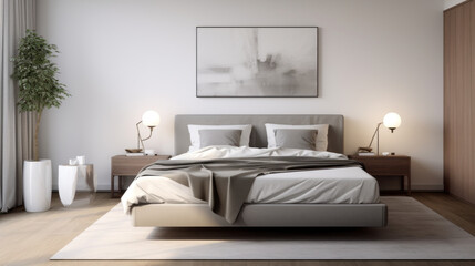 Fototapeta na wymiar a contemporary bedroom with a white bedframe and gray nightstands and a minimalist painting on the wall