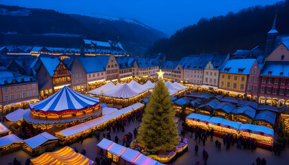 Fototapeta premium A hot air balloon floating over a picture Christmas market ai generative