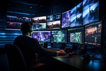 Design an image of a tournament control room, where technicians monitor the gaming action on multiple screens and ensure a flawless esports event - obrazy, fototapety, plakaty