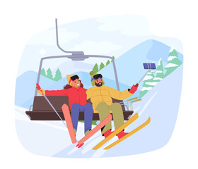 Bundled-up Skier Characters Ascend On A Ski Lift, Against A Snowy Mountain Backdrop, Creating A Picturesque Winter Scene