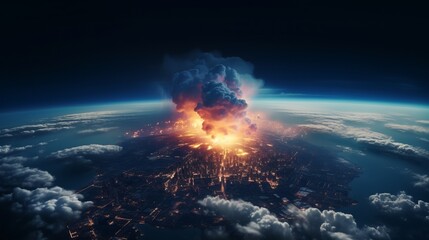 Satellite view of the explosion of a huge mushroom cloud, bomb on the surface of the Earth, technological disaster, war, atomic bomb test