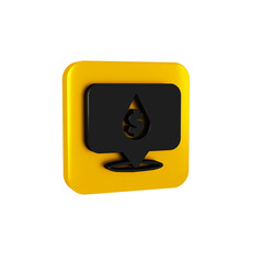 Obraz premium Black Oil drop with dollar symbol icon isolated on transparent background. Oil price. Oil and petroleum industry. Yellow square button.