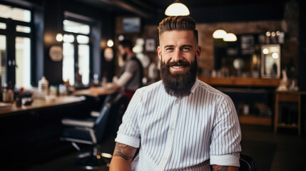 Cheerful tattooed male barber with a beard and a fashionable hairstyle