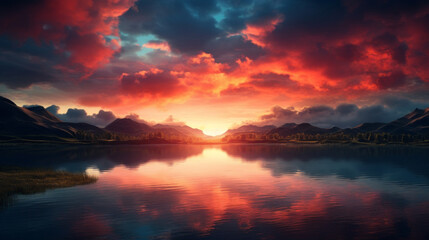 Fototapeta na wymiar a colorful sunset over a lake surrounded by rolling hills and mountains