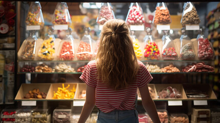 a girl stands in front of a candy store counter with different types of candies and sweets. ai generative
