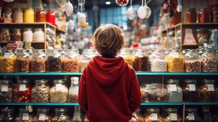 a boy stands in front of a candy store counter with different types of candies and sweets. ai generative - obrazy, fototapety, plakaty