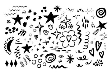 Hand drawn doodles, sketch drawing scribbles, various shapes elements set. Quirky vector brush strokes, stamp brushes. Organic scribbles and doodles, lines and shapes elements - obrazy, fototapety, plakaty