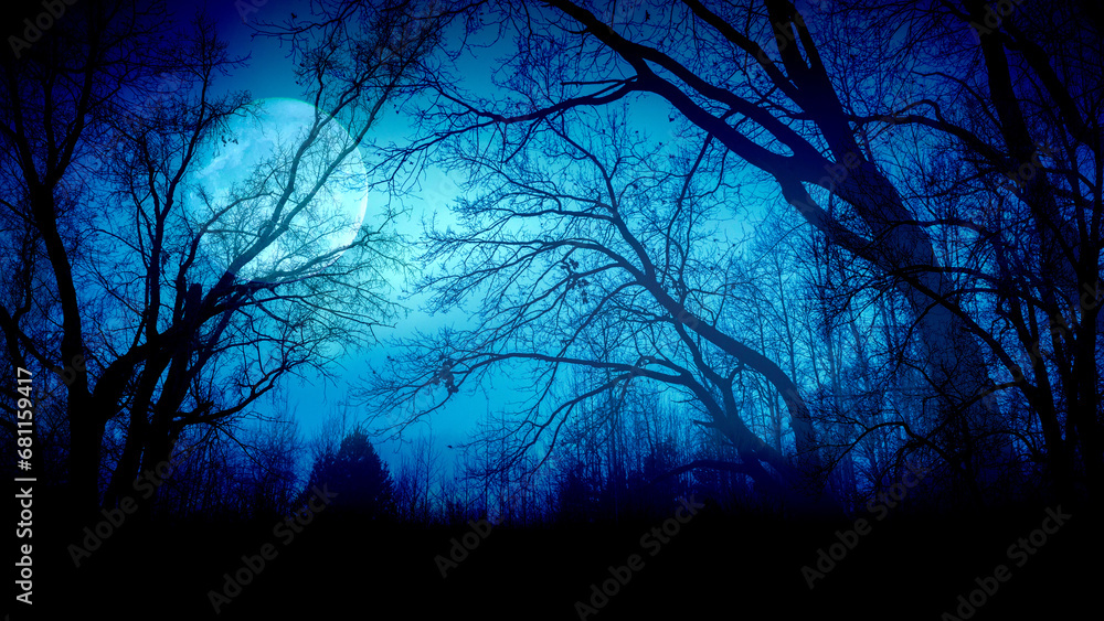 Wall mural night sky with moon and dramatic trees. dramatic clouds in mystic moonlight. large bright moon as co