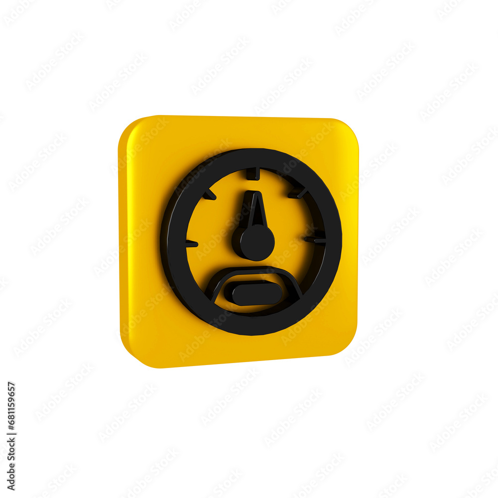Poster black speedometer icon isolated on transparent background. yellow square button.